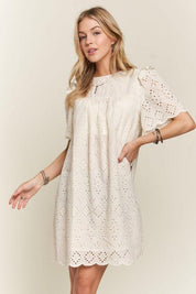 ADORA Ruffled Eyelet Round Neck Dress | Daverri Fashions