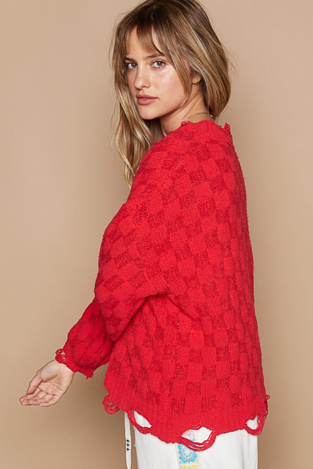 POL Checkered Distressed Edge Sweater | Sweaters Daverri Fashions