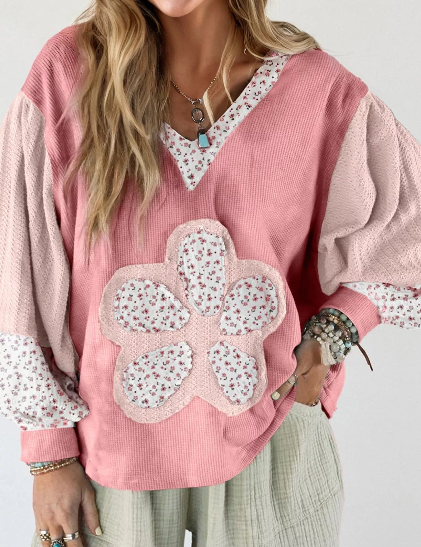 Dusty Pink Floral Patch V-Neck Sweatshirt | Sweatshirts Daverri Fashions