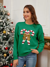 Green Sequin Candy Cane Round Neck Long Sleeve Sweater | Sweaters Daverri Fashions