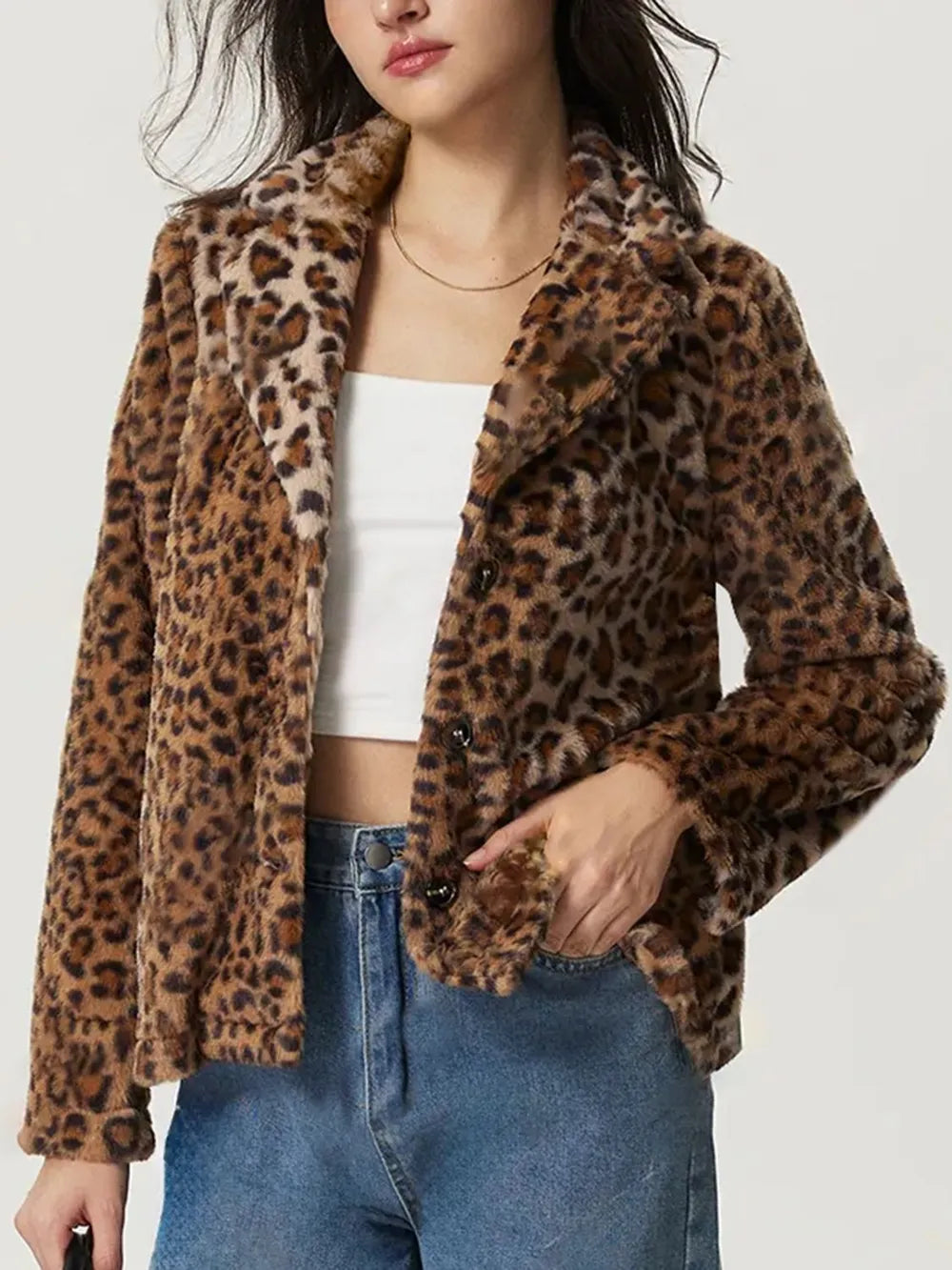 Fuzzy Leopard Collared Neck Jacket | Daverri Fashions