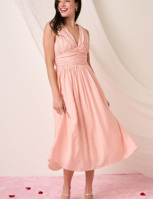 Blush Mittoshop Ruched V-Neck Sleeveless Midi Dress | Mid Dresses Daverri Fashions