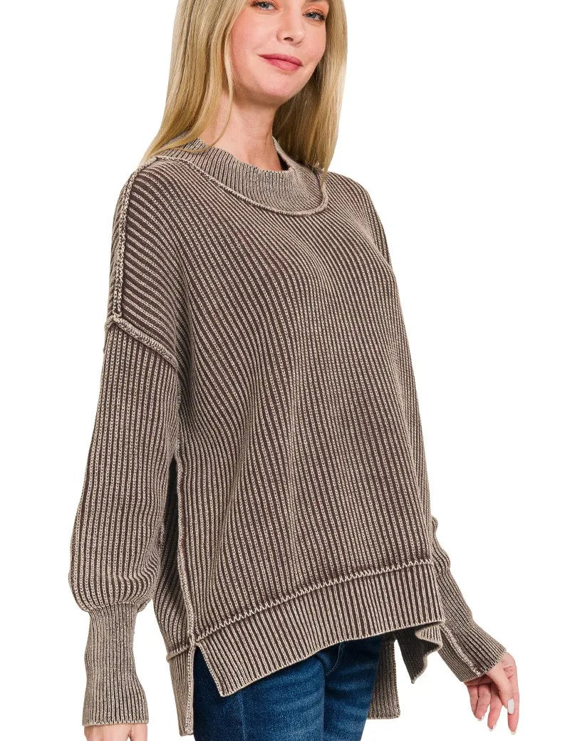 Zenana Washed Side Slit Oversized Sweater | Daverri Fashions