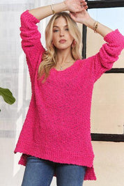 Hot Pink S ADORA High-Low Side Slit V-Neck Sweater | Sweaters Daverri Fashions
