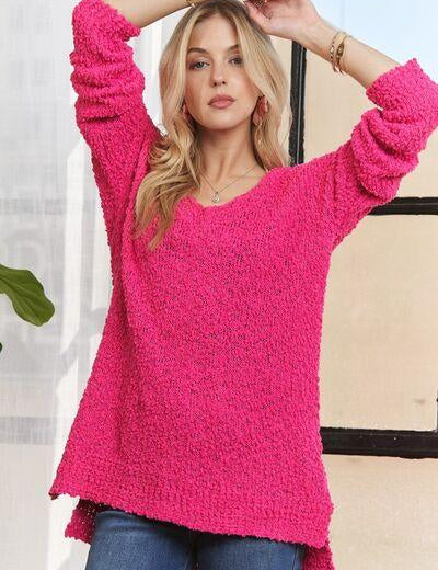 Hot Pink S ADORA High-Low Side Slit V-Neck Sweater | Sweaters Daverri Fashions