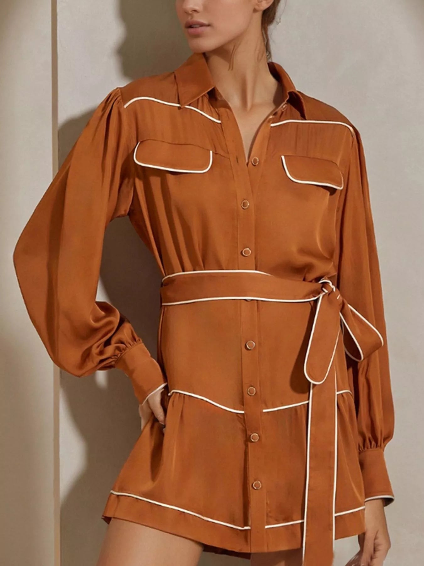 Orange Button Front Long Sleeve Shirt Dress | Mini Dresses Daverri Fashions