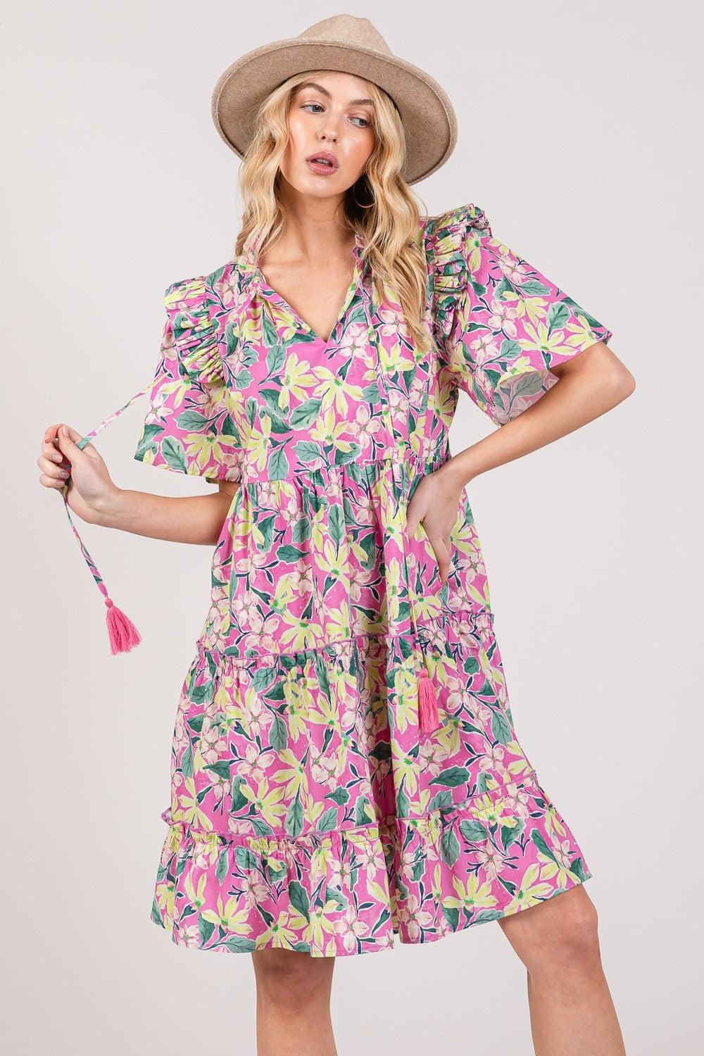 SAGE + FIG Floral Ruffle Short Sleeve Dress | Knee Length Dresses Daverri Fashions
