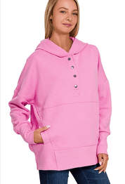 Candy Pink Half Snap Loose Fit Hooded Pullover | Sweatshirts Daverri Fashions