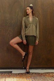 Annie Wear Smocked Front Long Sleeve Babydoll Blouse | Blouses Daverri Fashions