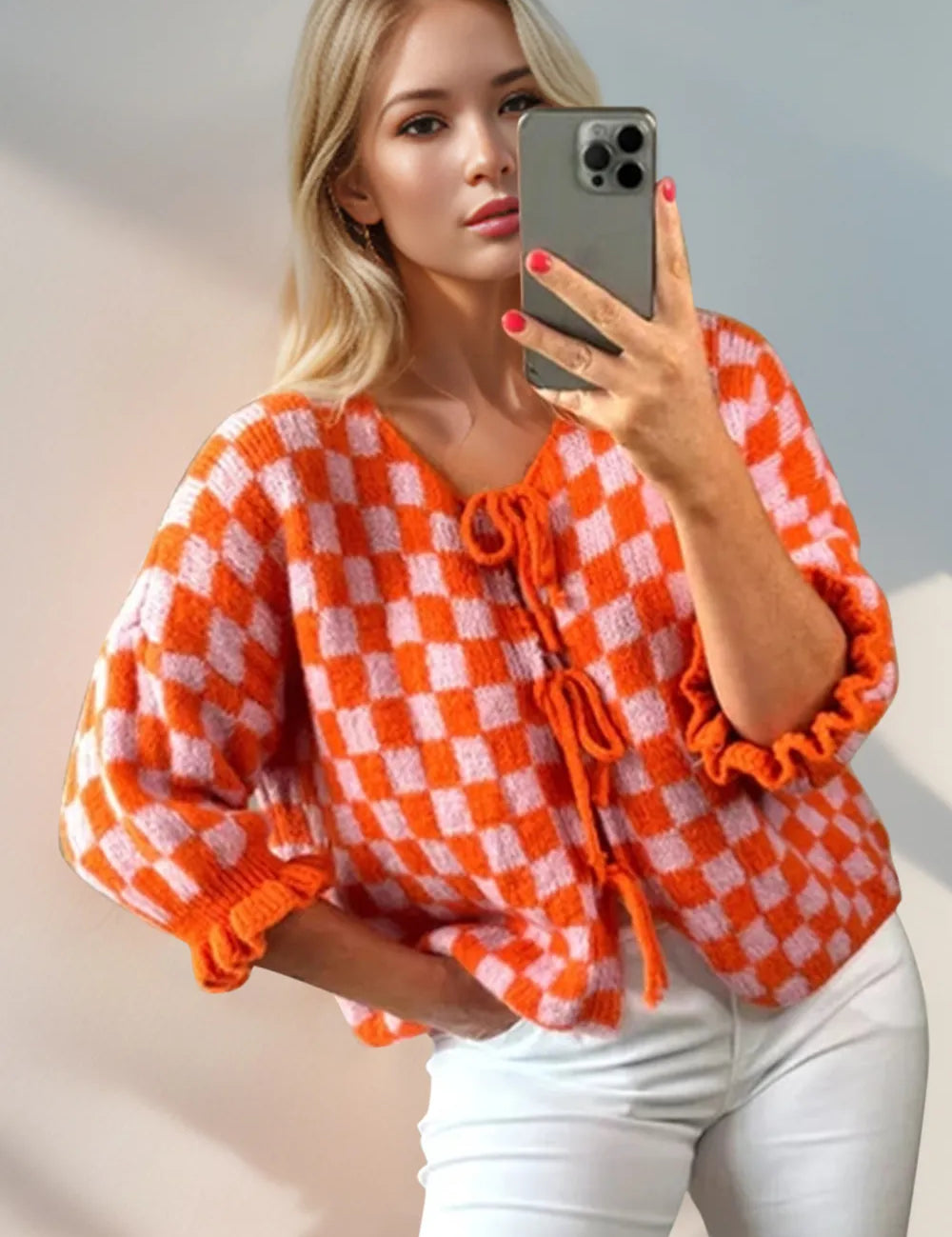 Orange Double Take Tied Checkered Dropped Shoulder Flounce Sleeve Cardigan | Cardigans Daverri Fashions
