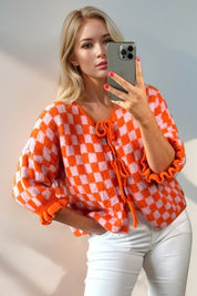 Orange Double Take Tied Checkered Dropped Shoulder Flounce Sleeve Cardigan | Cardigans Daverri Fashions
