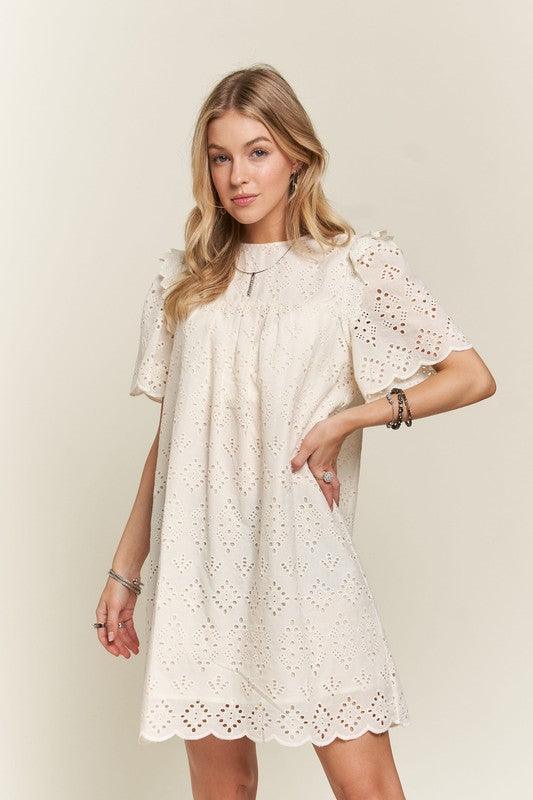 ADORA Ruffled Eyelet Round Neck Dress | Daverri Fashions
