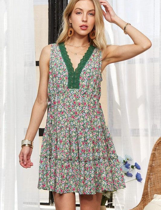 ADORA Lace Detail V-Neck Sleeveless Mini Dress | Mini Dresses Daverri Fashions