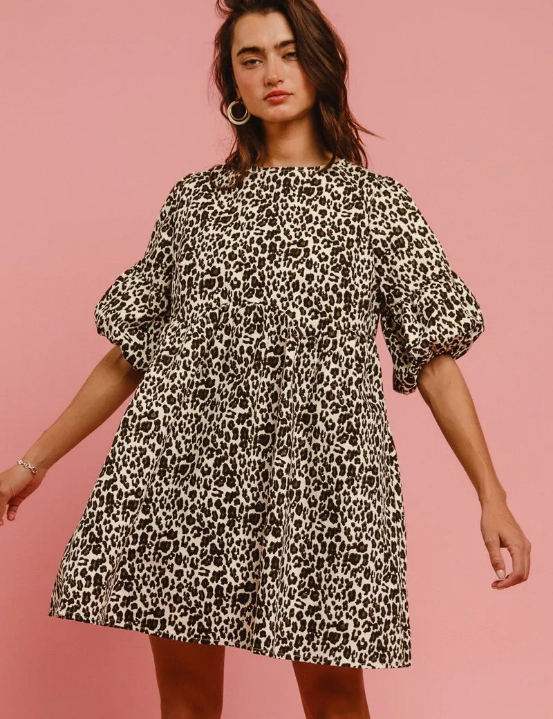 OFF WHITE LEOPARD BiBi Leopard Denim Dress With Back Contrast Tie Detail | Daverri Fashions