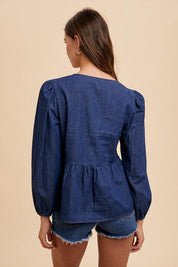 Annie Wear Navy Tie Front Peplum Long Sleeve Denim Top | Tops Daverri Fashions
