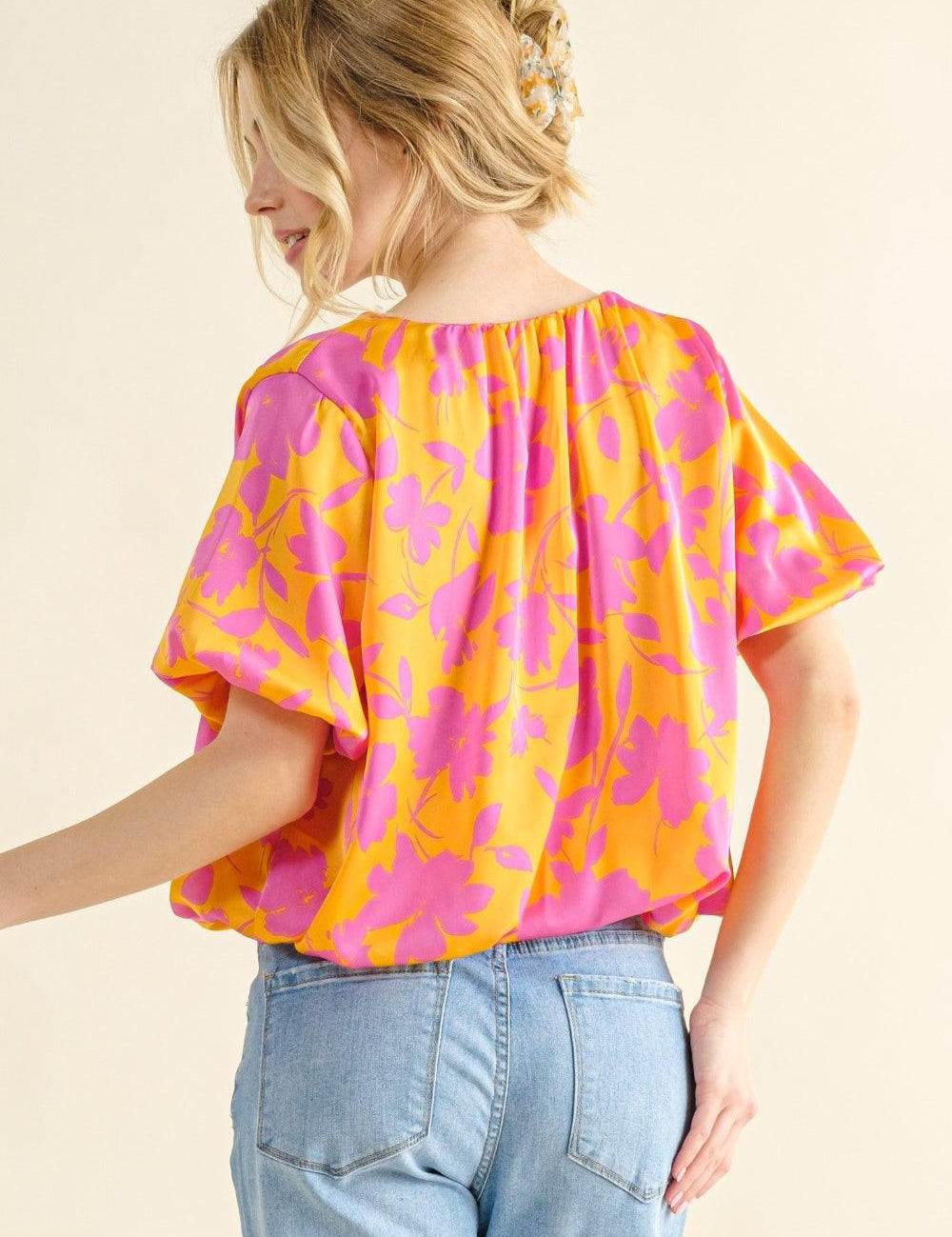 And The Why Full Size Printed Satin Bubble Hem Top | Tops Daverri Fashions