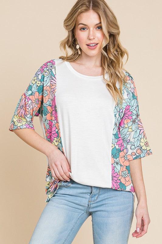 White BOMBOM Floral Round Neck Half Sleeve T-Shirt | Daverri Fashions