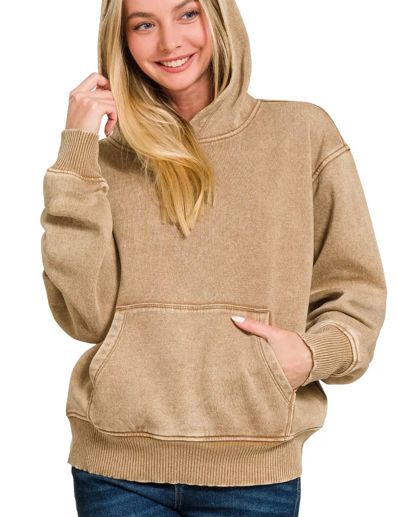 DEEP CAMEL Zenana Fleece Acid Wash Kangaroo Pocket Hoodie | Hoodies Daverri Fashions
