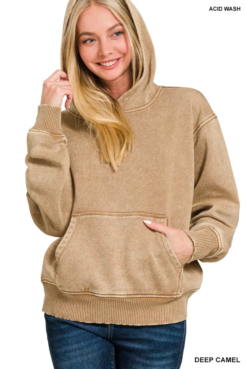 DEEP CAMEL Zenana Fleece Acid Wash Kangaroo Pocket Hoodie | Hoodies Daverri Fashions