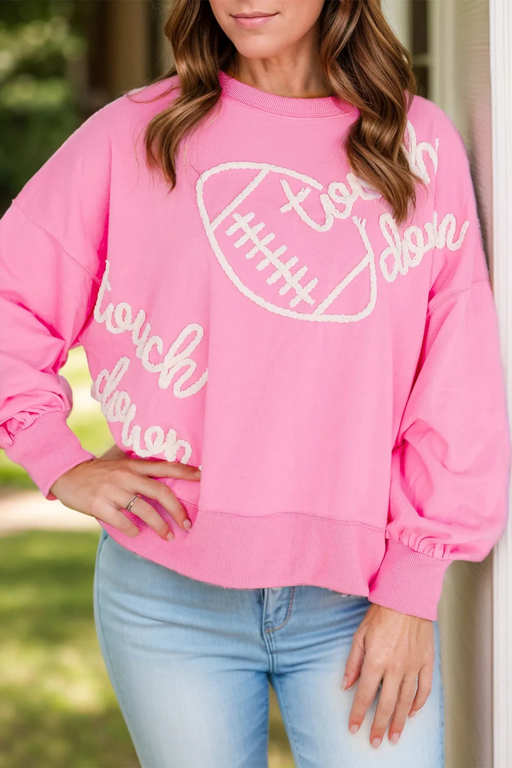 Blush Pink Football & Letter Round Neck Long Sleeve Sweatshirt | Sweatshirts Daverri Fashions