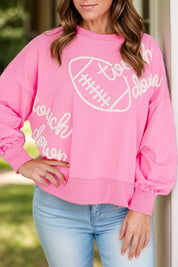 Blush Pink Football & Letter Round Neck Long Sleeve Sweatshirt | Sweatshirts Daverri Fashions