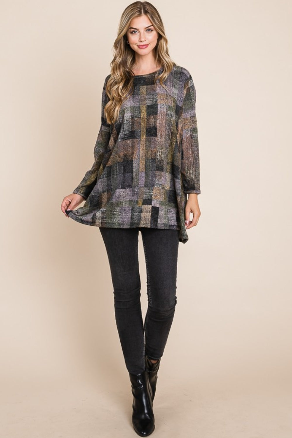 BOMBOM Plaid Round Neck Long Sleeve Top | Tops Daverri Fashions