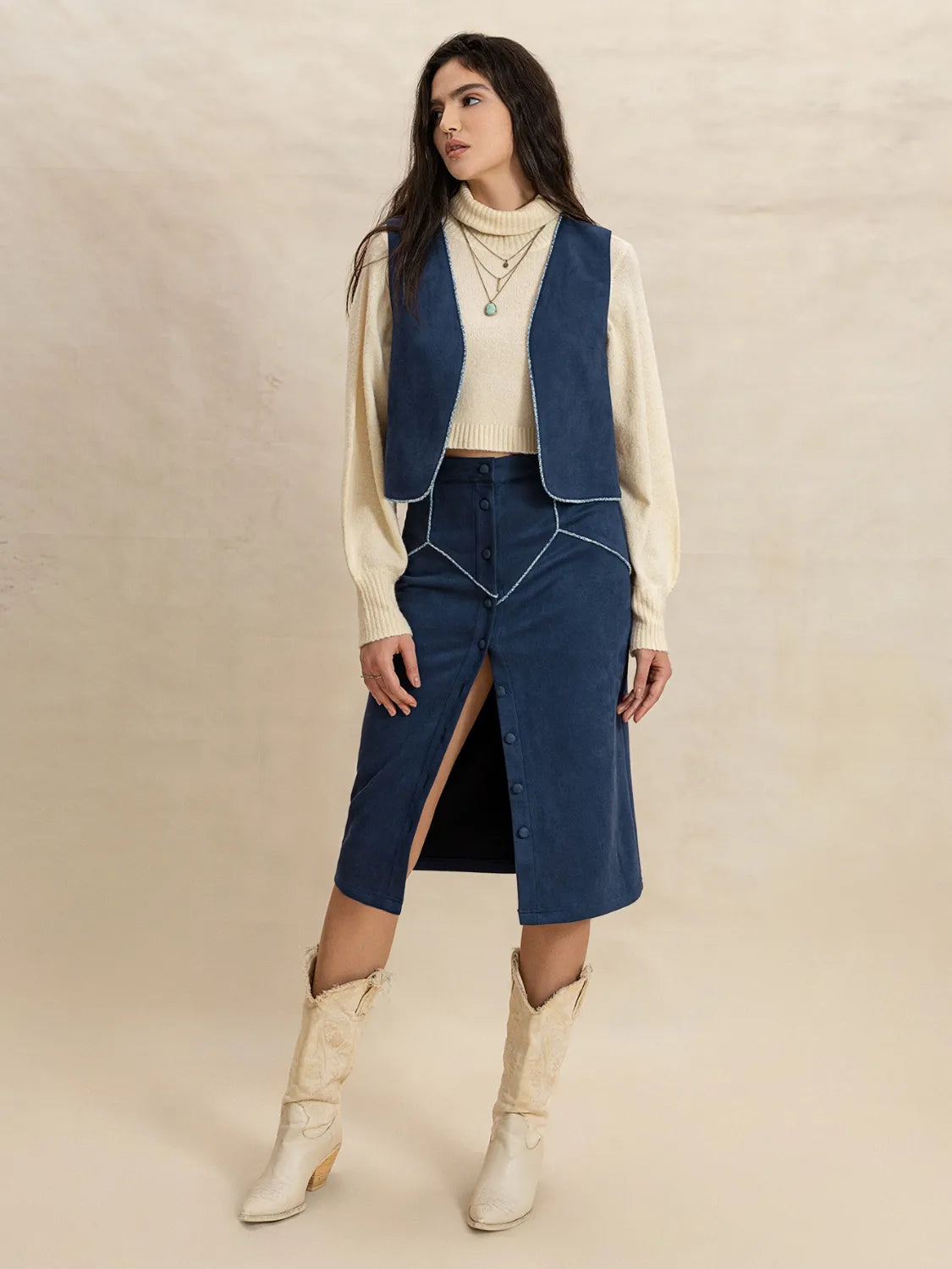 Open Front Vest and Buttoned Skirt Set | Outfit Sets Daverri Fashions