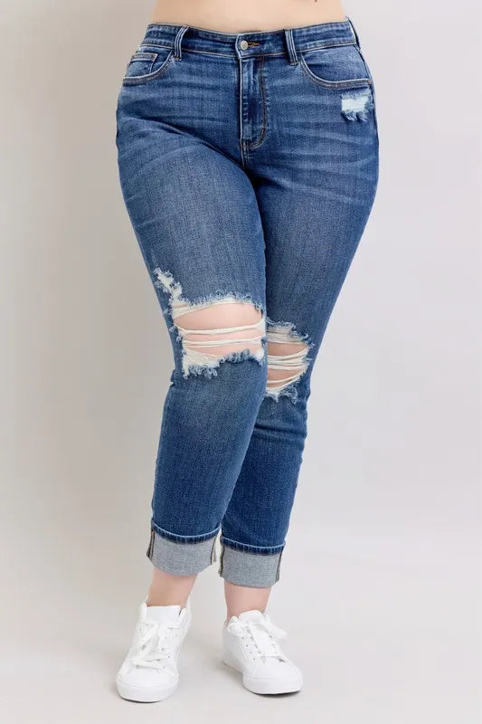 Judy Blue Full Size Mid Rise Boyfriend destroy Jeans with Yoke Pockets and Faux Selvedge Cuff Plus Size | Daverri Fashions