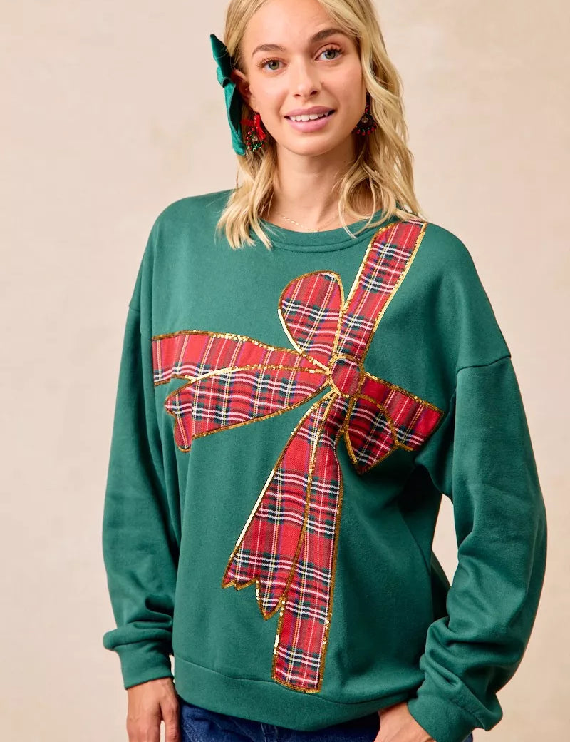 GREEN RED PLAID BiBi Plaid Ribbon Bow Detail Christmas Fleece Pullover | Sweatshirts Daverri Fashions
