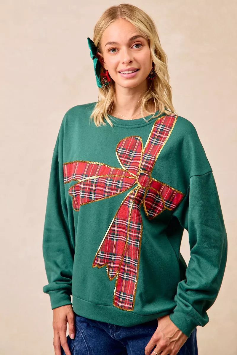 GREEN RED PLAID BiBi Plaid Ribbon Bow Detail Christmas Fleece Pullover | Sweatshirts Daverri Fashions