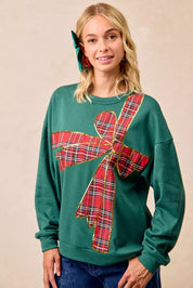 GREEN RED PLAID BiBi Plaid Ribbon Bow Detail Christmas Fleece Pullover | Sweatshirts Daverri Fashions