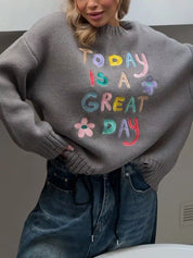 Dark Gray Embroidered 'Great Day' Dropped Shoulder Sweater | Sweaters Daverri Fashions