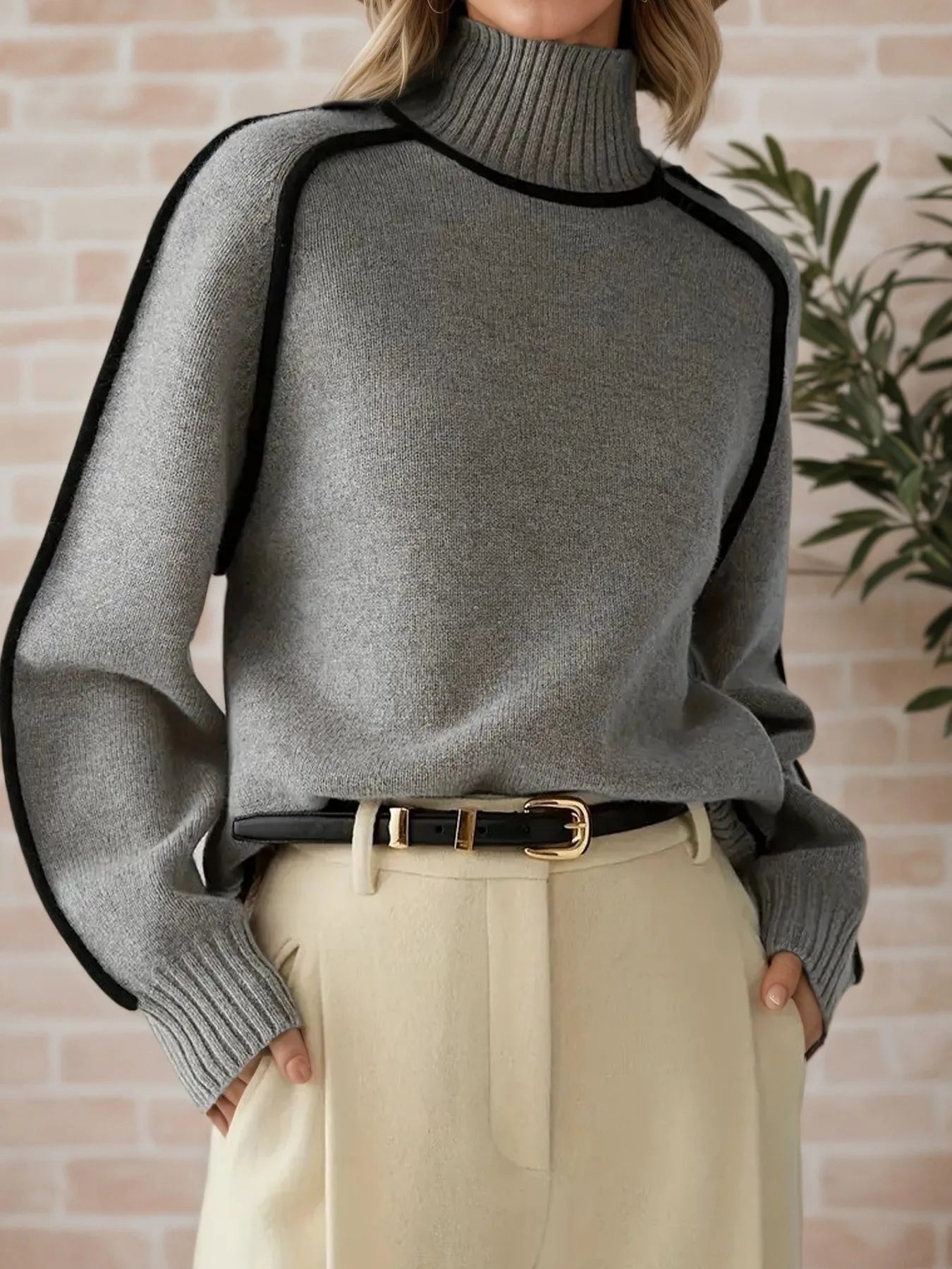 Contrast Trim Turtleneck Sweater | Sweaters Daverri Fashions