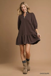 Umgee French Terry Ruffle Hem Dress with Plaid Trim | Mini Dresses Daverri Fashions