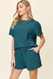 Double Take Full Size Texture Short Sleeve T-Shirt and Drawstring Shorts Set | Outfit Sets Daverri Fashions