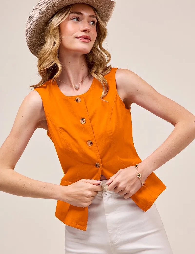 ORANGE SO ME Slim Fit Button Front Game Day Color Denim Vest Top | Vests Daverri Fashions