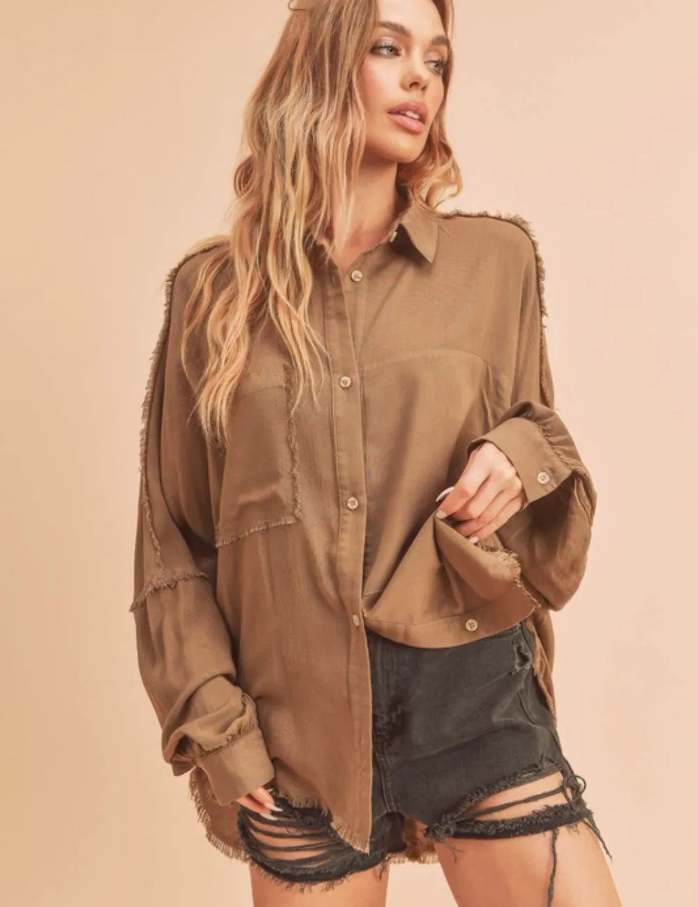 Aemi + Co Raw Edge Exposed Seam Collared Neck Long Sleeve Shirt | Shirts Daverri Fashions