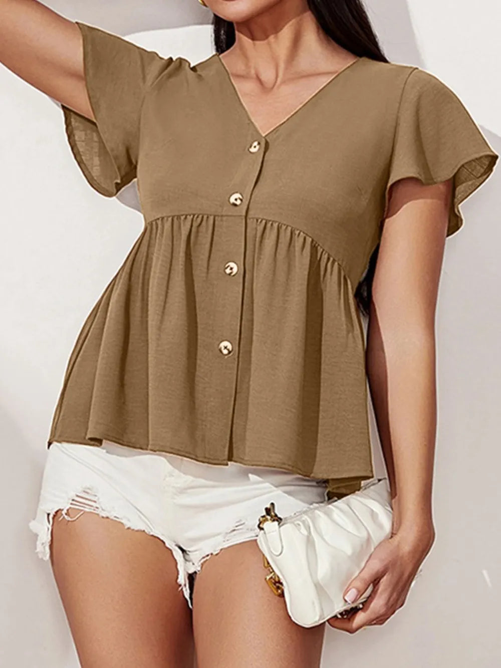 V-Neck Flutter Sleeve Blouse | Blouses Daverri Fashions