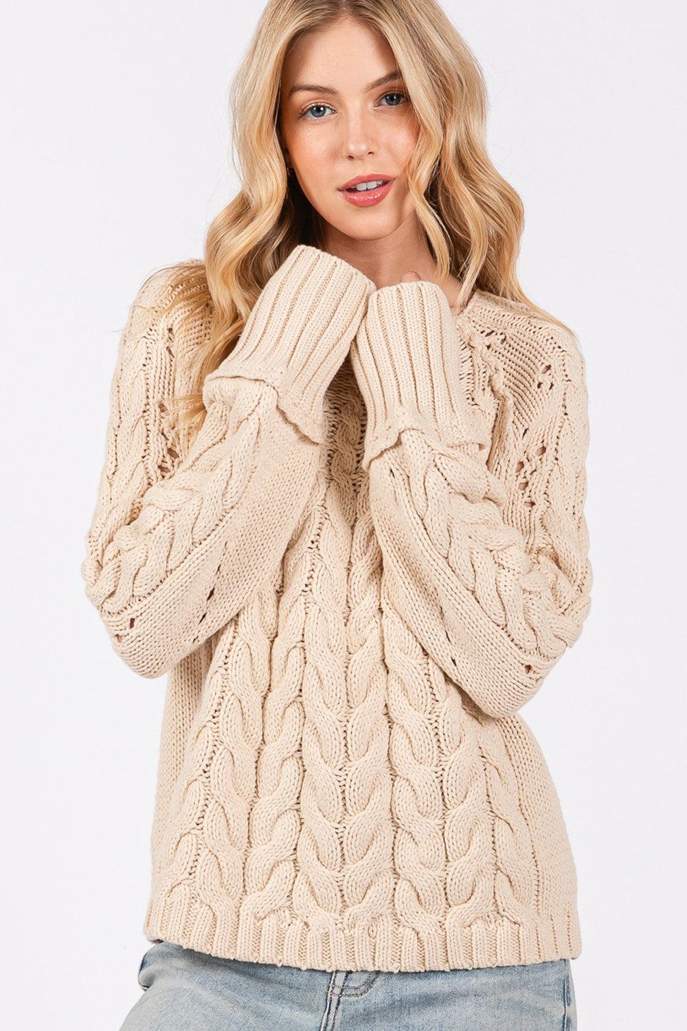 SAGE + FIG Cable-Knit Long Sleeve Sweater Natural | Sweaters Daverri Fashions