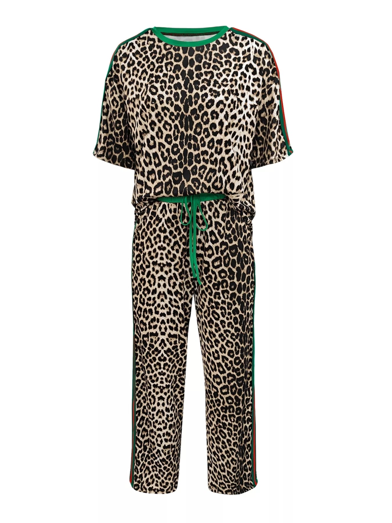 Leopard Round Neck Top and Pants Two-Piece Set | Loungewear Sets Daverri Fashions