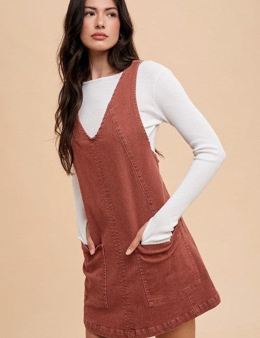 Annie Wear V-Neck Adjustable Strap Denim Overall Dress with Pockets | Tops Daverri Fashions