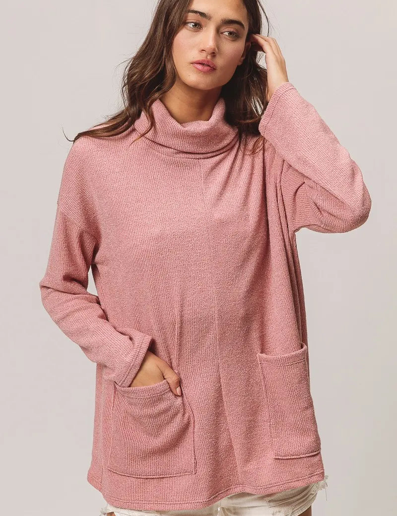 BiBi Piper Rib Double Pocket Turtle Neck Sweater | Sweaters Daverri Fashions