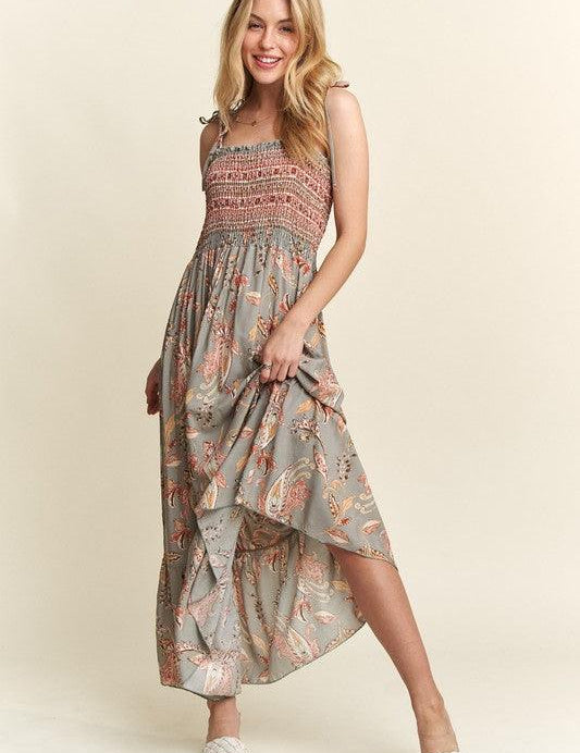 SAGE M ADORA Smocked Printed Square Neck Tie Shoulder Cami Dress | Cami Dresses Daverri Fashions