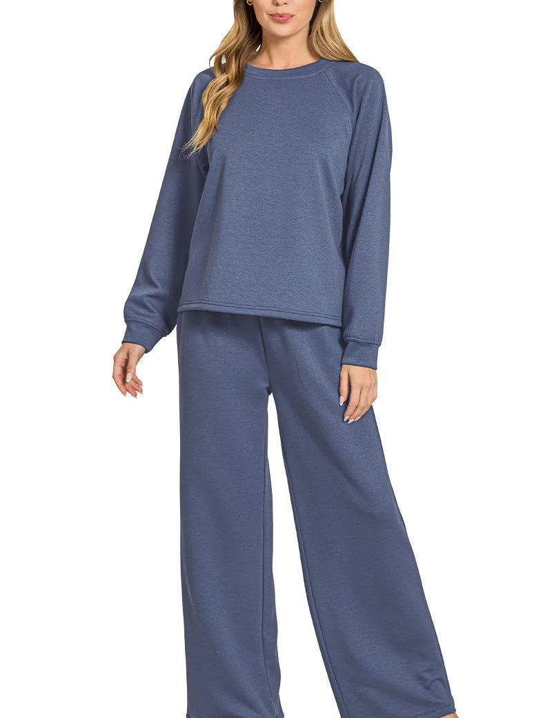 BLUE INDIGO Zenana Scuba Crewneck Sweatshirt and Pants Set | Daverri Fashions