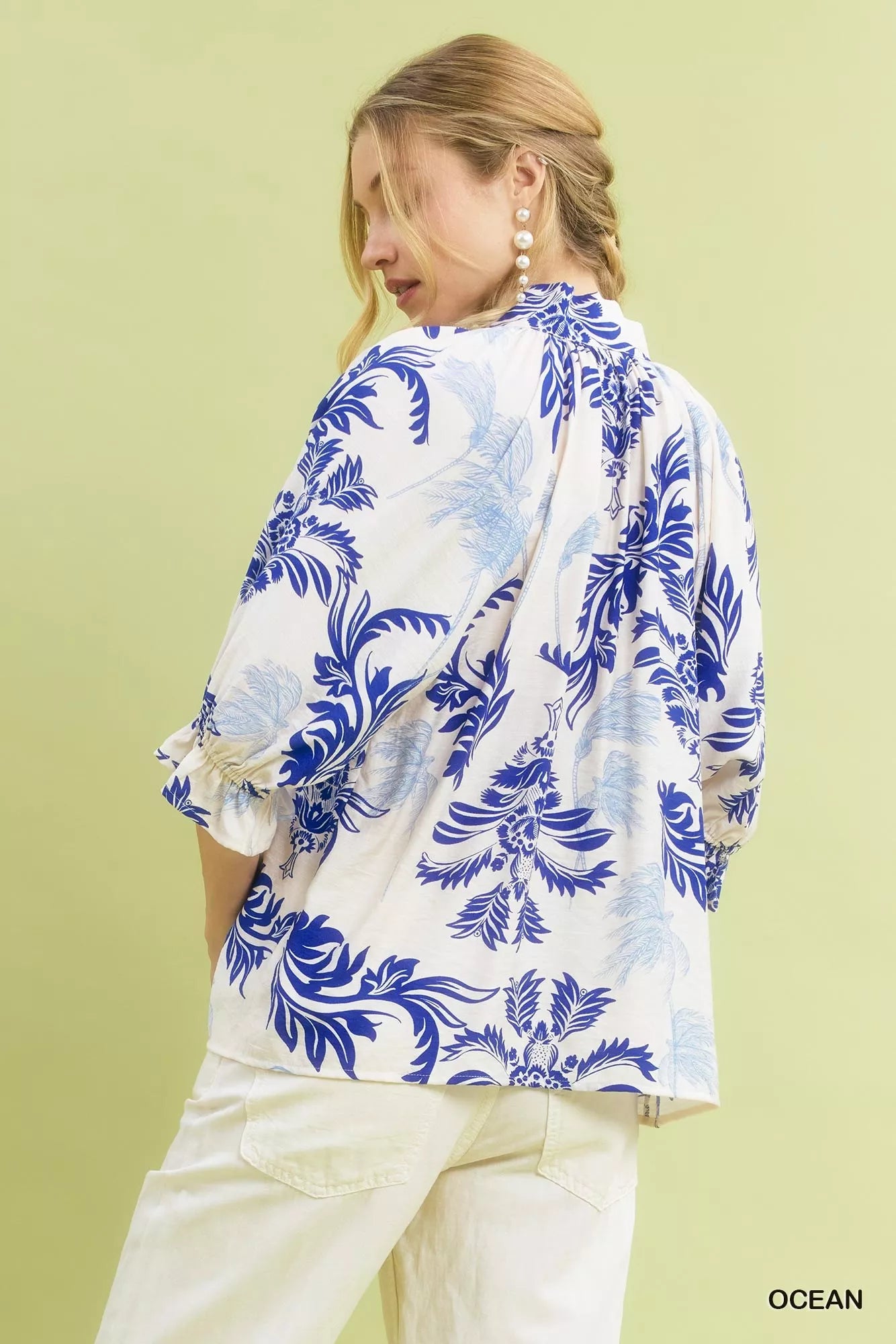 Umgee Leafy Damask Print Blouse with Contrast Scalloped Trim Detail | Blouses Daverri Fashions