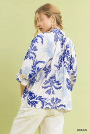 Umgee Leafy Damask Print Blouse with Contrast Scalloped Trim Detail | Blouses Daverri Fashions