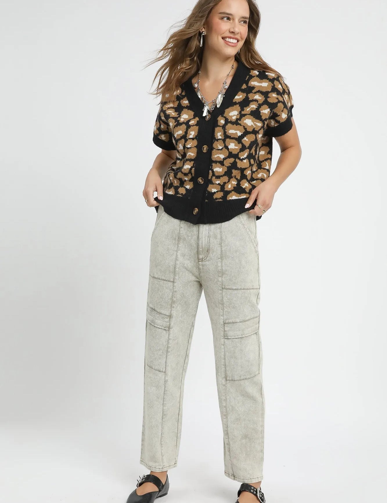 Umgee Leopard Button Down Short Sleeve Cardigan | Cardigans Daverri Fashions