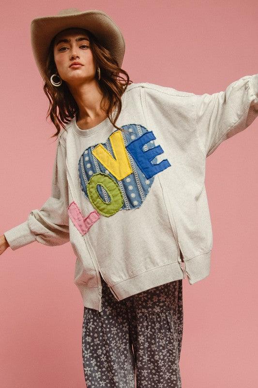 BiBi LOVE Heart Patch Slit French Terry Sweatshirt | Sweatshirts Daverri Fashions
