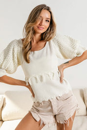 Ivory BiBi Tassel Detail Textured Square Neck Sweater | Sweaters Daverri Fashions