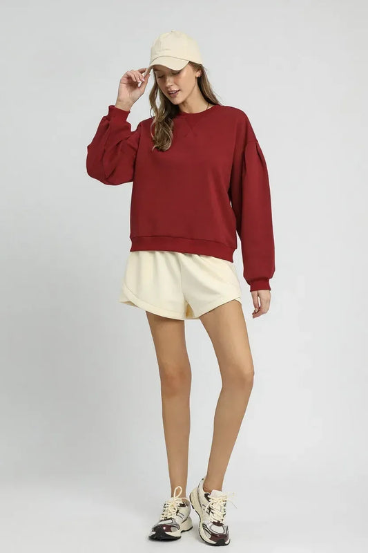 Umgee Round Neck Sweatshirt with Pleated Detail - DAVERRI FASHIONS